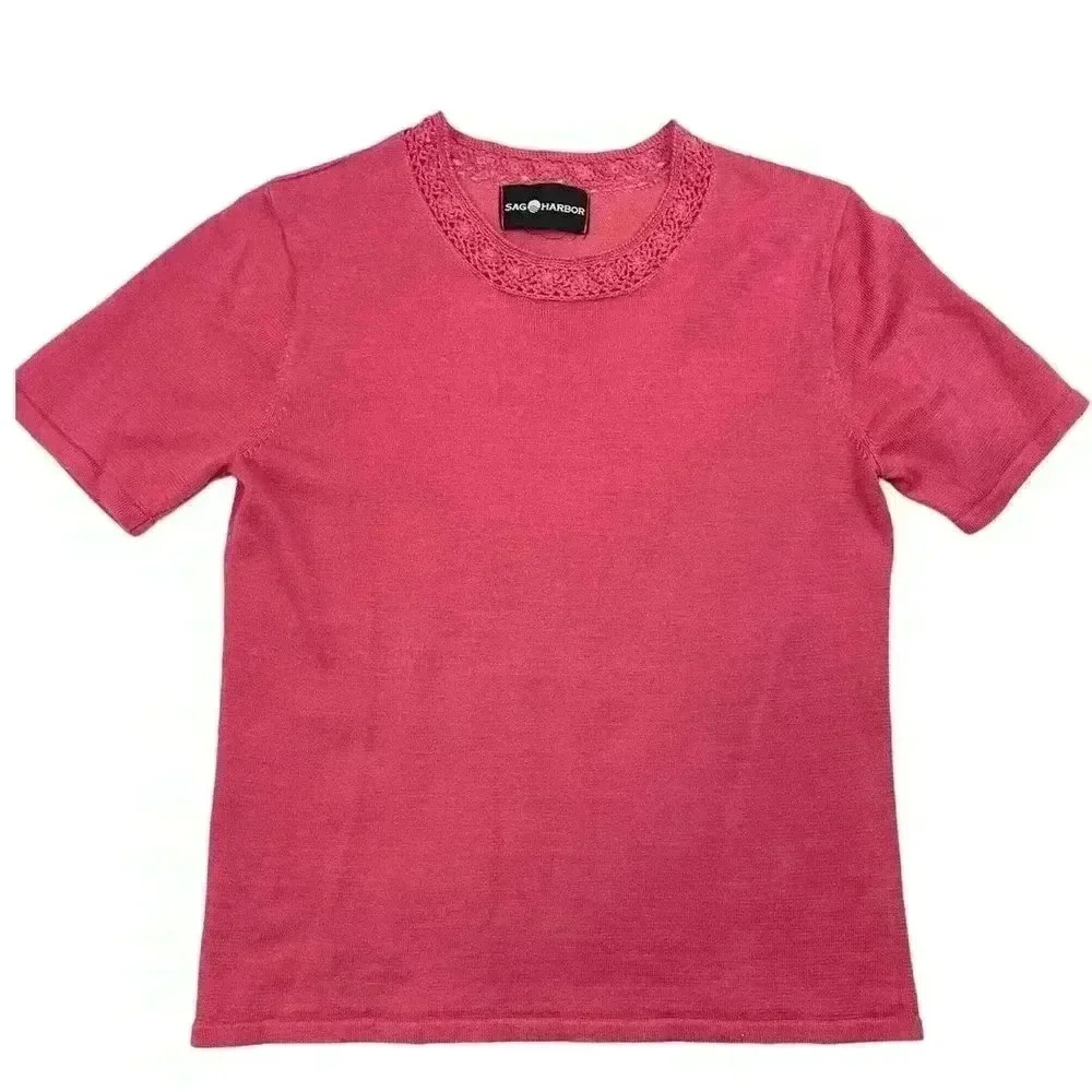 Sag Harbour Women's Coral Soft Sweater Top Medium Short Sleeve Crocheted Trim‎